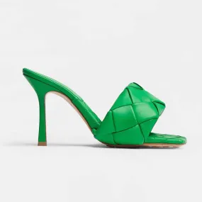 Bottega Veneta Mules de mujer de piel Intreccio verde Lido con tacón de 9 cm de altura