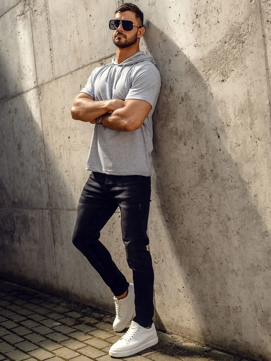 Camiseta algodón de manga corta con capucha sin impresión para hombre gris Bolf 14513A