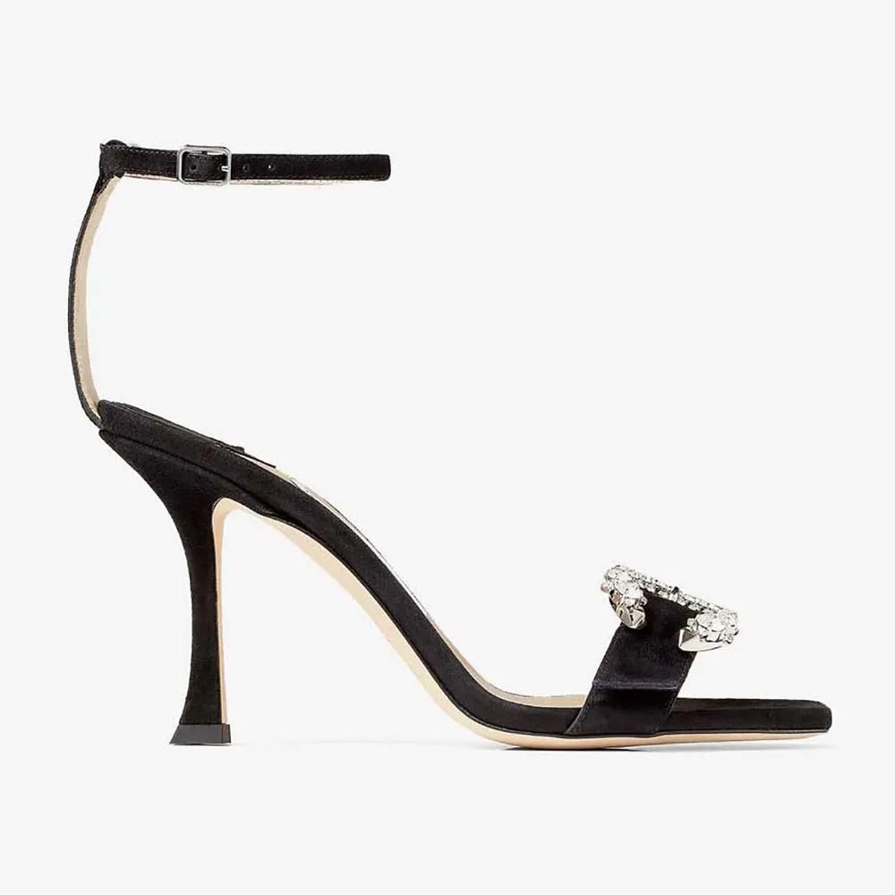 Jimmy Choo Mujer Marsai 90 Sandalias De Gamuza Negra Con Hebilla De Cristal