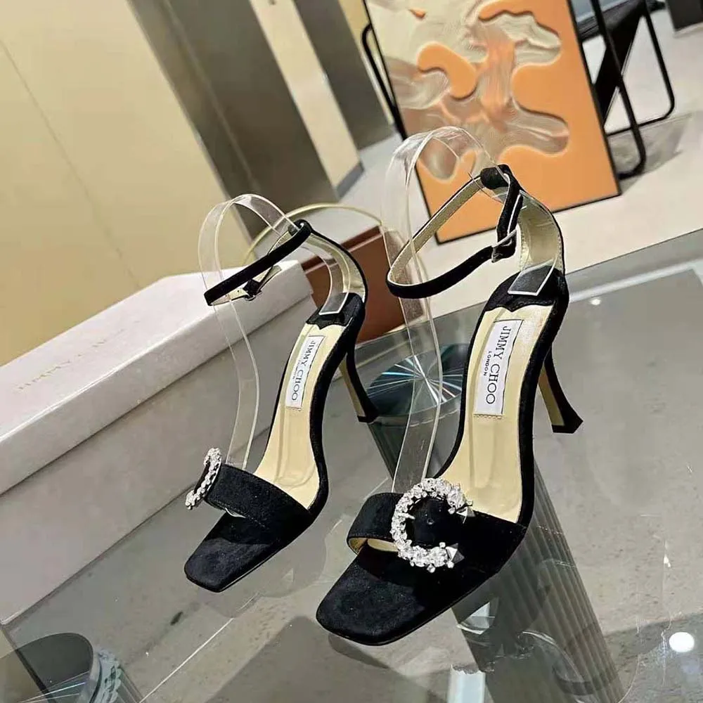 Jimmy Choo Mujer Marsai 90 Sandalias De Gamuza Negra Con Hebilla De Cristal