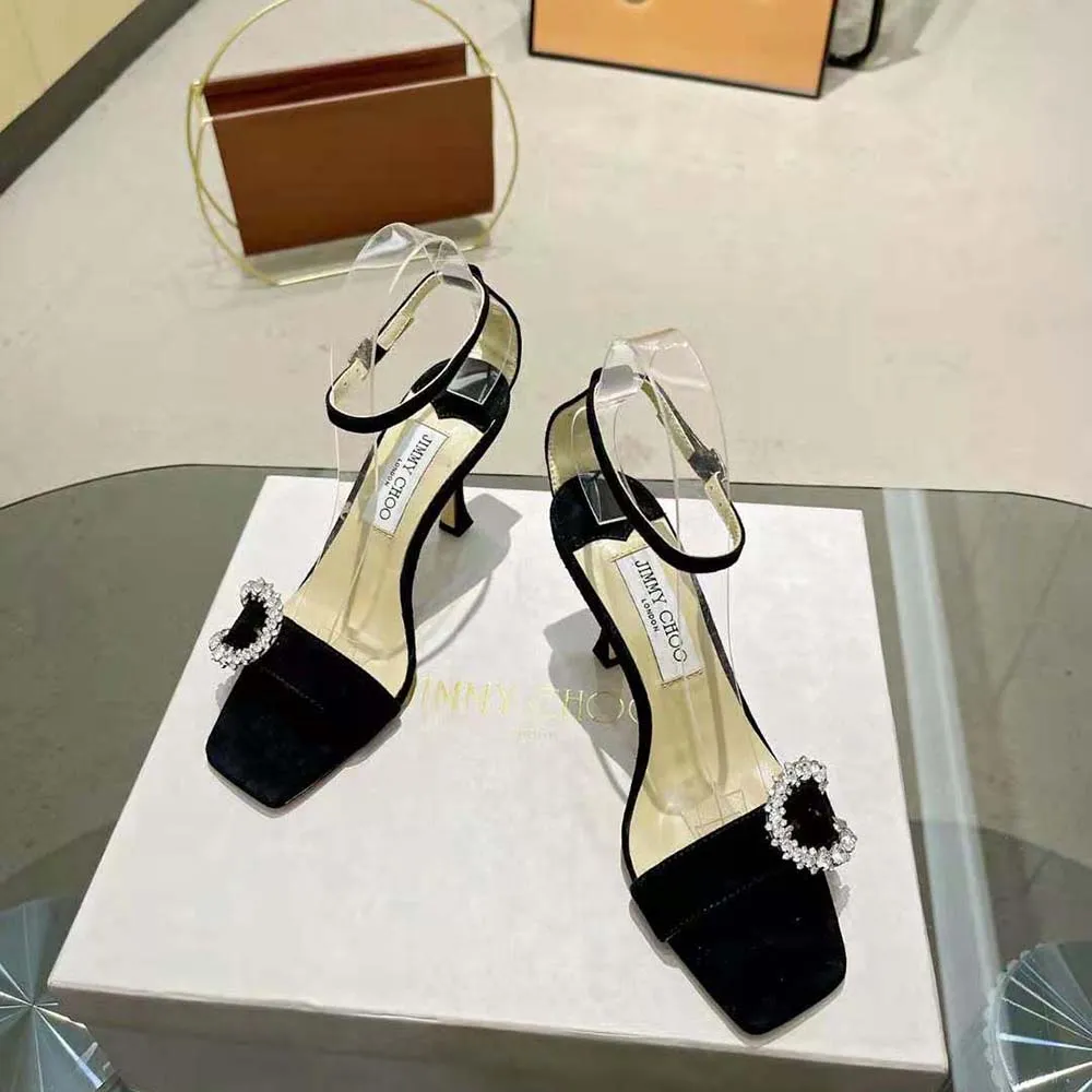 Jimmy Choo Mujer Marsai 90 Sandalias De Gamuza Negra Con Hebilla De Cristal