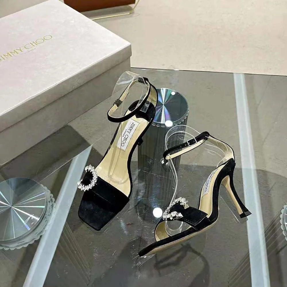 Jimmy Choo Mujer Marsai 90 Sandalias De Gamuza Negra Con Hebilla De Cristal