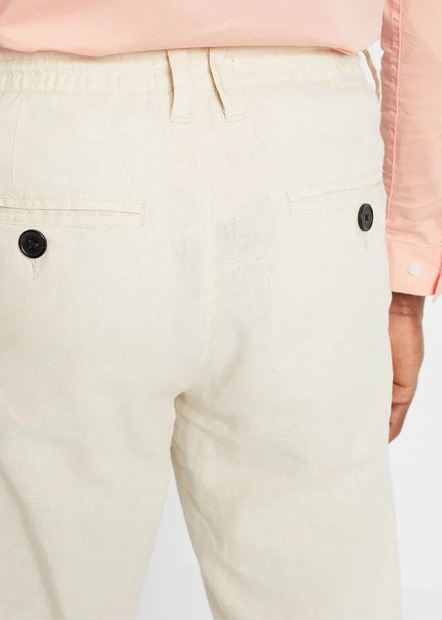 Pantalón chino de lino sin cierre de corte regular y recto Beige-arena