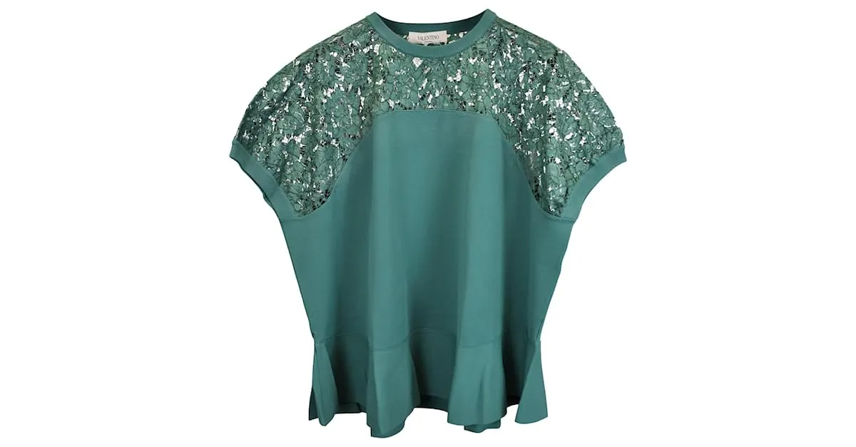 Top de punto elástico con paneles de encaje en viscosa verde Valentino Garavani Verde oliva 