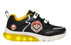 Zapatillas niño con luces de la marca Geox edición Mario Bros con Luigi y Mario en el lateral color negro y amarillo cierre de d